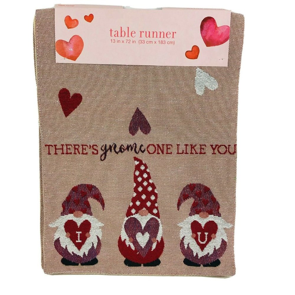 Valentines Day Tapestry Table Runner Gnome Love and Hearts Adorable Decoration